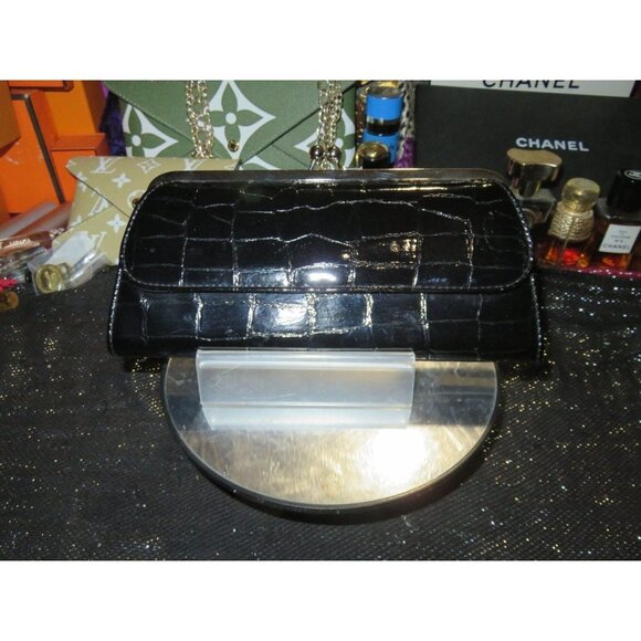 New Directions Black Croc Embossed Kisslock Flap Clutch Continental Long Wallet - Picture 1 of 11